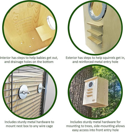 Squirrel Nest Box - Cage Attachment, Hinged Lid, Perching Ledge - for Squirrels, Sugar Glider, Rat, Finch, Parakeet, Lovebird, Canary, Cockatiel, Other Birds & Small Pets