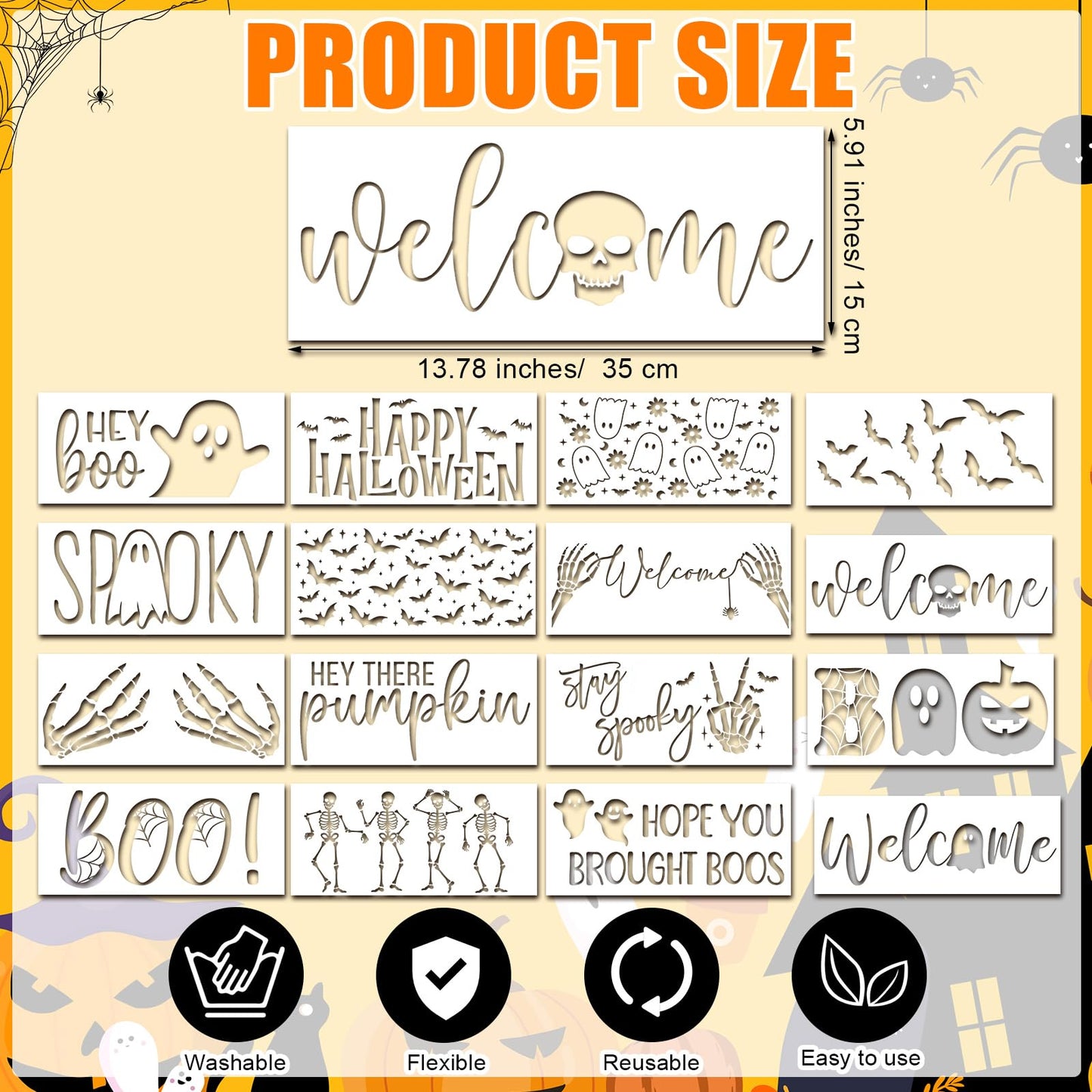 Dunzy 16 Pcs Halloween Stencils for Door Mats Crafts Reusable Hey Boo Ghost Welcome Templates Large Spooky Stencil for Painting Wood Sign Wall Halloween Doormat DIY Project