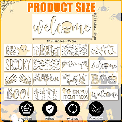 Dunzy 16 Pcs Halloween Stencils for Door Mats Crafts Reusable Hey Boo Ghost Welcome Templates Large Spooky Stencil for Painting Wood Sign Wall Halloween Doormat DIY Project