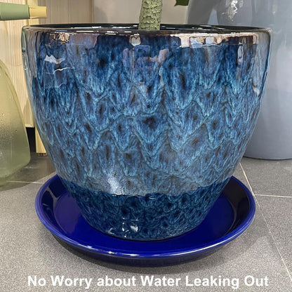 EPFamily Plant Saucer for Outdoors - Ceramic Plant Saucer, 10 Inch Plant Trays for Indoors, Round Flower Pot Saucer, Large Plant Drainage Tray, Plant Plates to Catch Water Blue