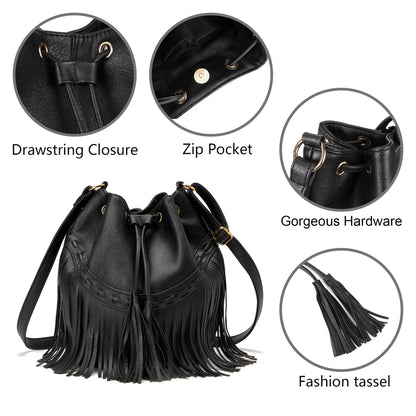 Leather Bucket Bags for Women Crossbody Fringe Purses with Drawstring Ladies Tassel Hobo and Shoulder Handbags Black