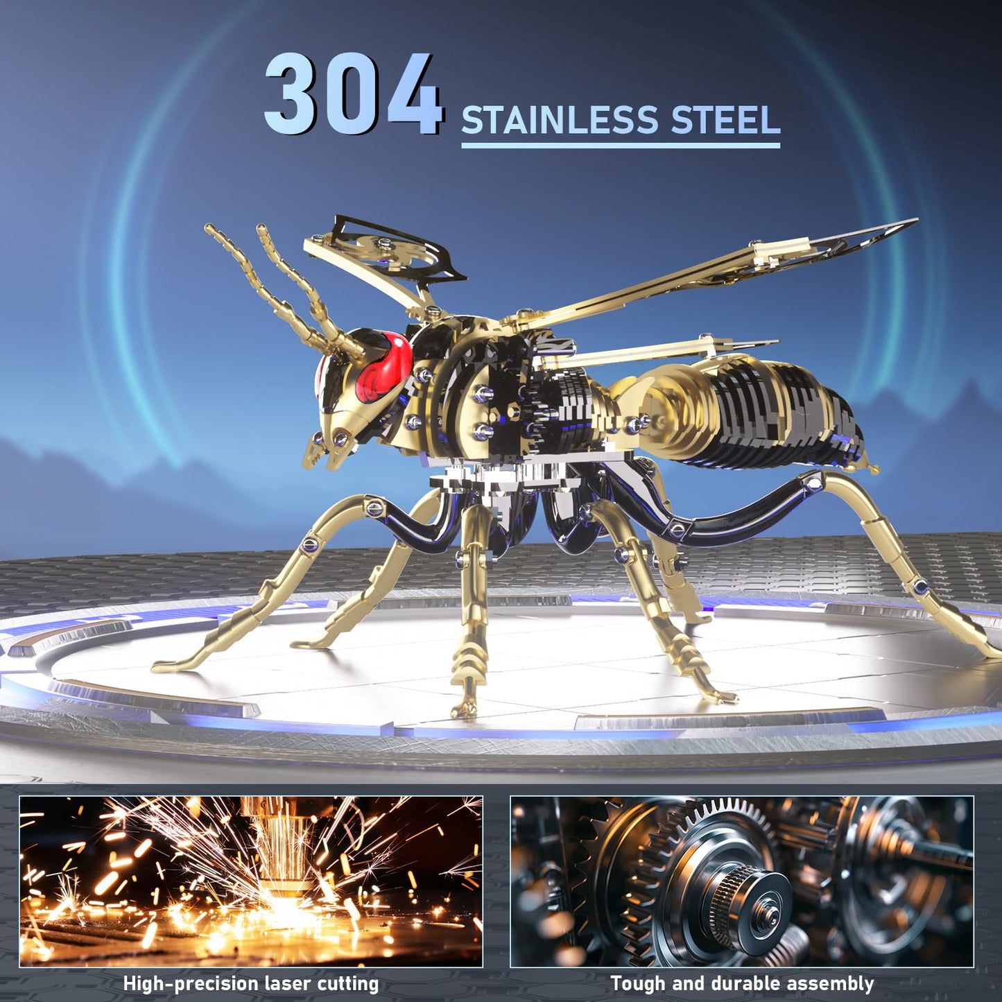 Gold-Plated Metal Bee Model Kit - 3D Stainless Steel Mechanical Insect Puzzle for Adults - Steampunk Bionic Wasp Sculpture - Executive Desktop Art and Stress Relief Gift (Bee-Black-Gold)