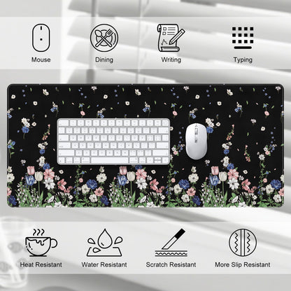 DINKY Leather Desk Protector Mouse Pad, Large Keyboard Mat, Non-Slip PVC Leather Blotter, Black Laptop Pad, Waterproof Writing Pad for Office Home 35.4" x 15.7", Flower Rain