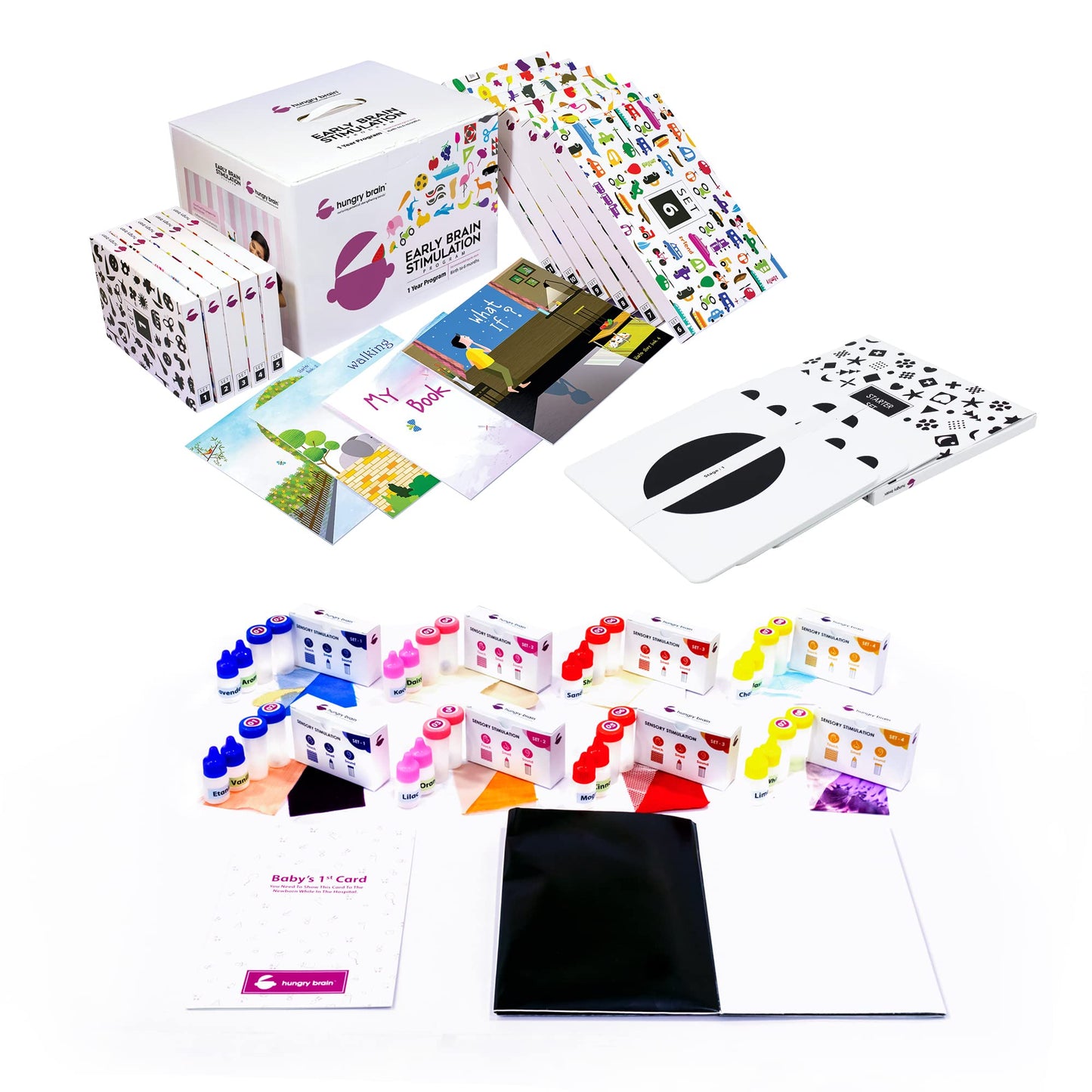 Hungry Brain High Contrast Baby Flash Cards for Newborns 0-12 Months | 240 Black & White Visual Stimulation Cards with 4 Story Books | Infant Brain Development & Early Learning Gift Set