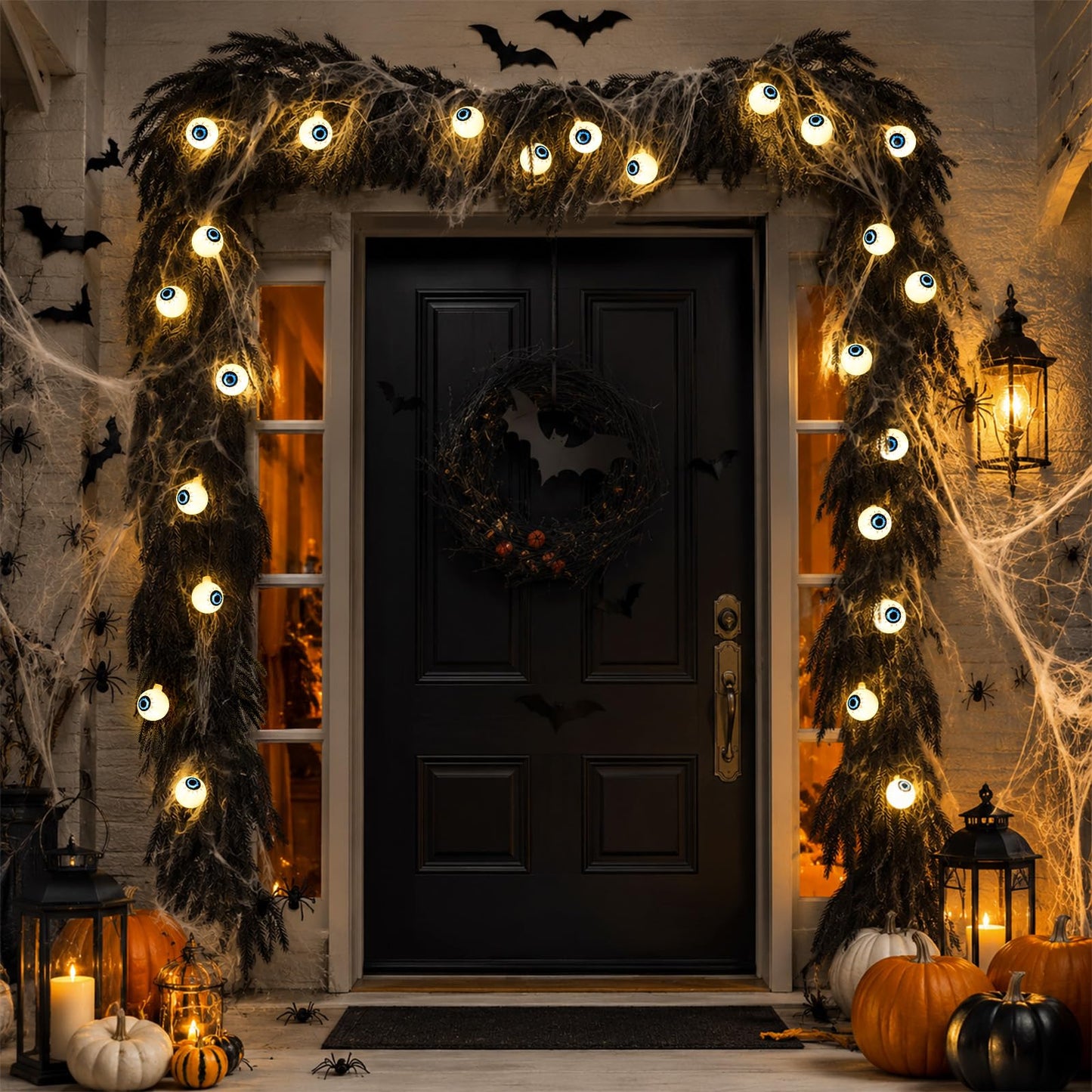 9FT Black Halloween Garland with Eyeball Light String Spider Cotton Spiders