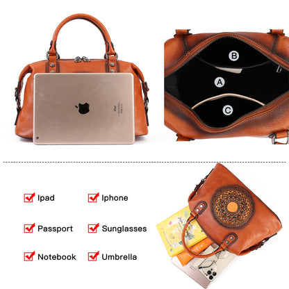 Genuine Leather Women's Handbags Travel Small Purses Top Handle Barrel Satchel Shoulder Hand Bags leather crossbody bags for Women Retro Totem Tote Bag Brown