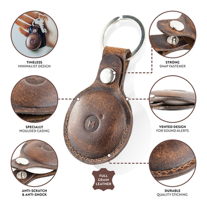 moonster Genuine Leather AirTag Keychain Holder for Apple Air Tag, Full-Grain Buffalo Leather AirTag Holder with Key Ring, Reinforced Stitching and Snap Closure (4 Pack)