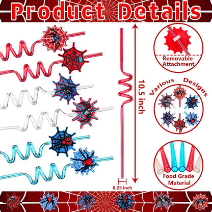 LEDUO 24PCS Spider Web Drinking Straws - Man Party Decorations Gifts Supplies-Reusable Plastic Silly Crazy Straws for Kids Boys Girls Spidery Theme Birthday Party Favors Halloween Goodie Bags Stuffers
