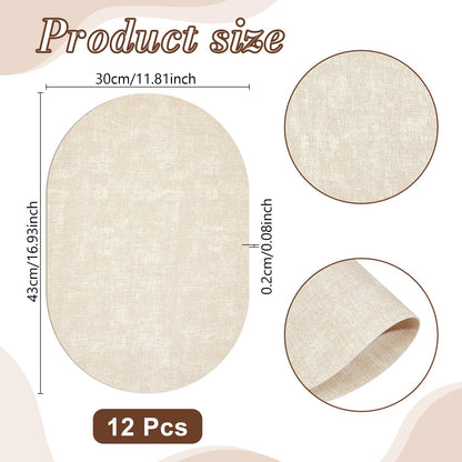 GLASSWINDS Oval Placemats Set of 12 - Washable & Heat Resistant Table Mats, Non-Slip Faux Leather Dining Decor, Waterproof Easy Clean Kitchen Place Mats for Room Coffee Office，Beige