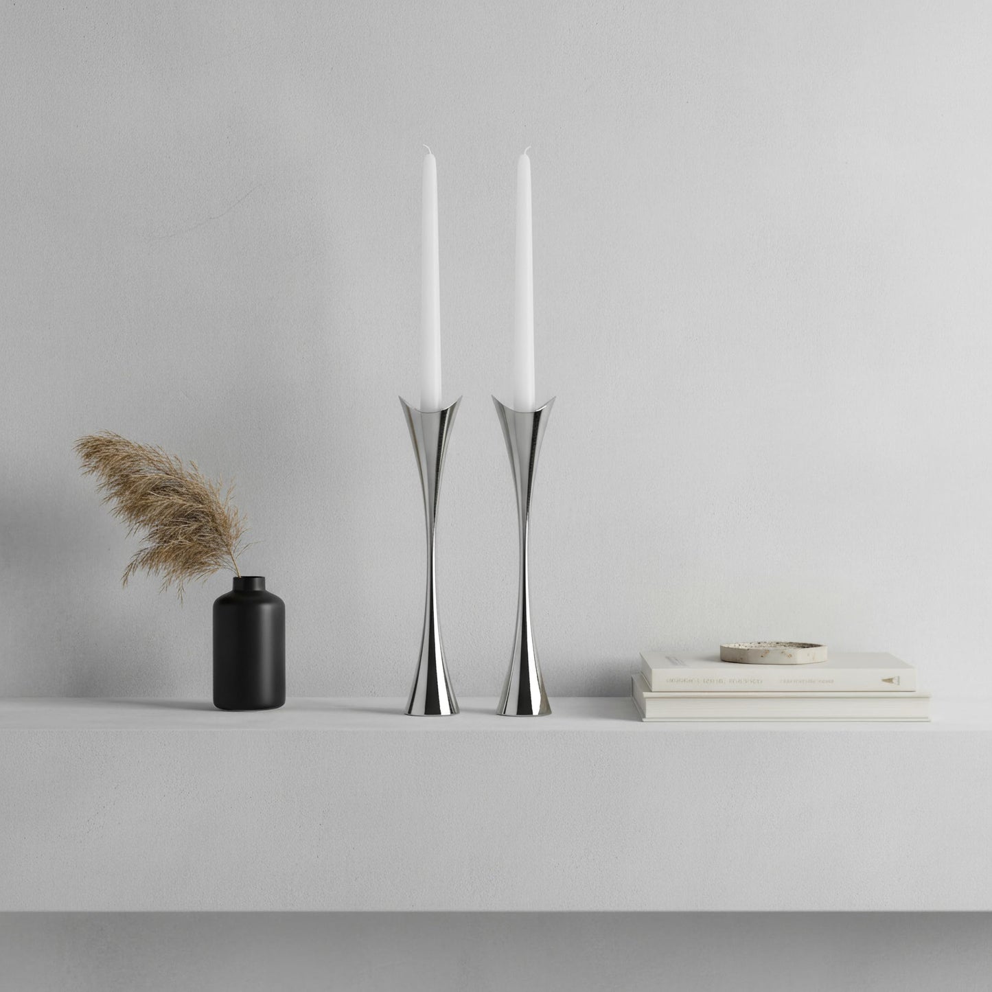 Nambe Curve Candlestick Holders | 2Pc Set | Metal Taper Candle Holder | Modern Medieval Inspired Decorative Centerpieces | Candlestick Holders for Table, Mantel, or Wedding Gift | 11in, Silver
