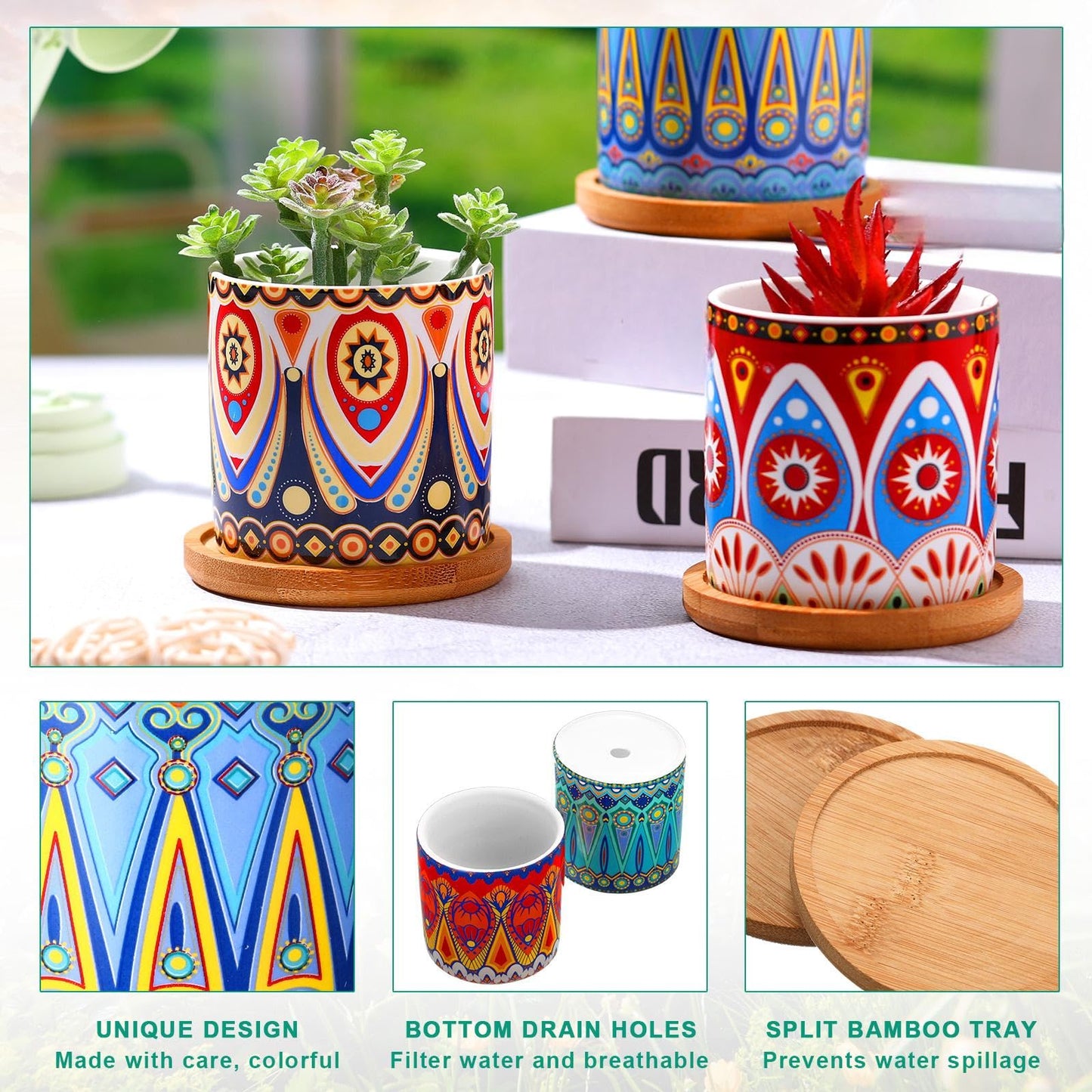 Zopeal 8 Pcs 3 Inch Succulent Planter Pot Ceramic Cactus Pots with Drainage Holes and Bamboo Trays for Indoor Plants Flowers for Home Garden Mexican Party Decor