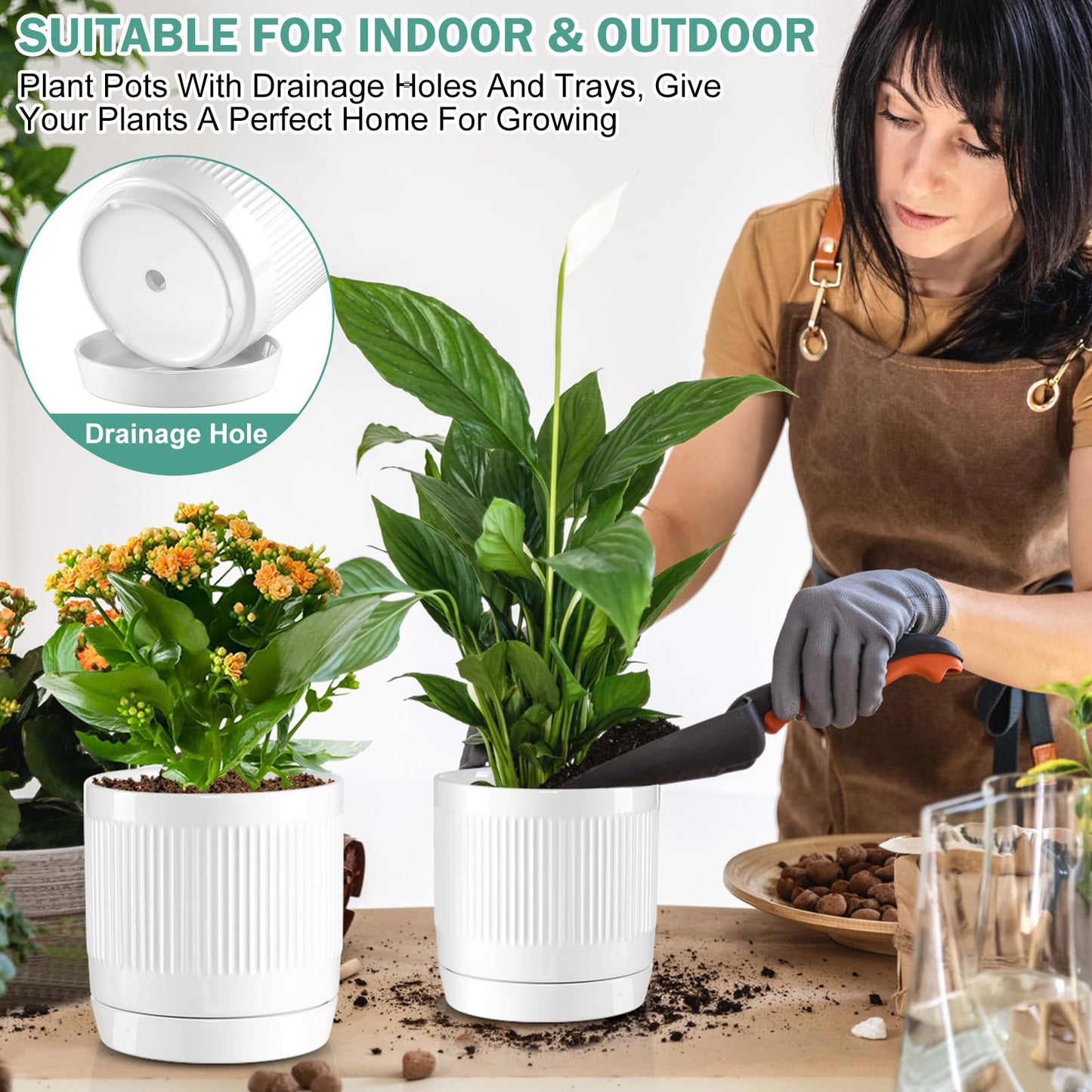 Vanavazon 6 Inch Glazed Ceramic Plant Pots with Drainage Hole and Saucer, Cylinder Indoor Planters for All House Plants, Modern Decor for Home & Office, Set of 2 (White)