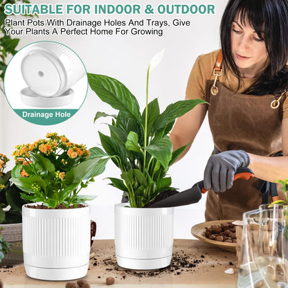 Vanavazon 6 Inch Glazed Ceramic Plant Pots with Drainage Hole and Saucer, Cylinder Indoor Planters for All House Plants, Modern Decor for Home & Office, Set of 2 (White)