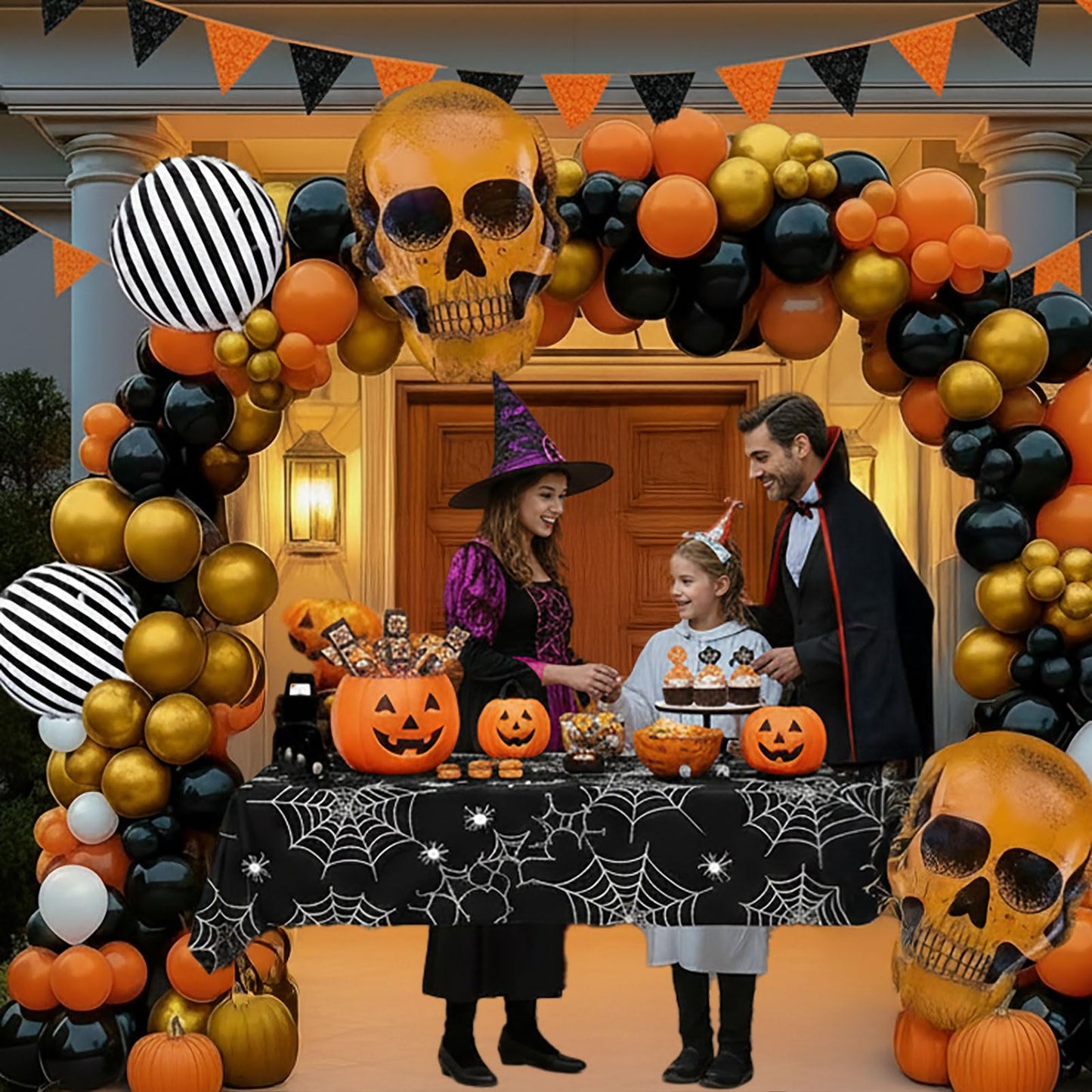 Halloween balloons arch kit Orange Black balloons skull stripe balloons & maple leaves spiderwebs for Fall adult horror halloween Birthday Spooky Theme Festival rick or Treat game Decorations