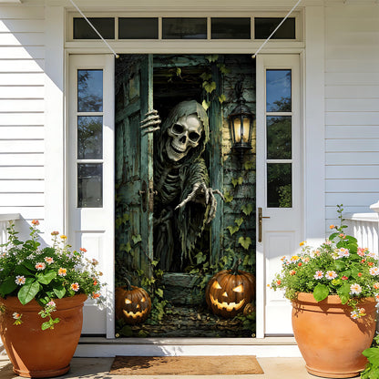 NYZE Halloween Skeleton Front Door Cover Banner, 35.4 x 70.8 Inch Pumpkin Vertical Hanging Door Backdrop, Indoor Outdoor Halloween Party Photography Decorations