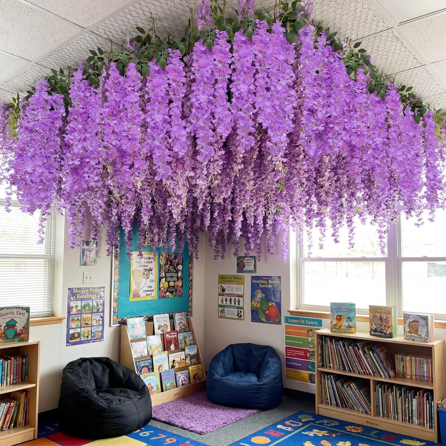 Giegxin 26 Pcs 3D Wisteria Tree for Classroom Room Ceiling Wall Decor Bulletin Board Large Wisteria Garland with 5 Metal Mesh Panel Artificial Fake Hanging Flower Wedding Backdrop(Purple)