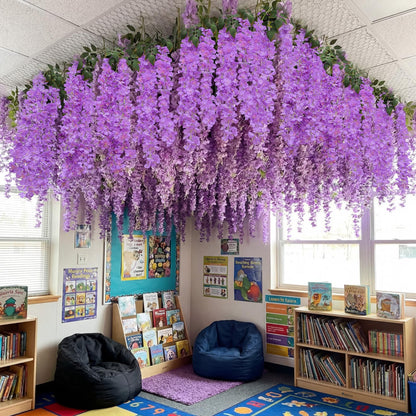 Giegxin 26 Pcs 3D Wisteria Tree for Classroom Room Ceiling Wall Decor Bulletin Board Large Wisteria Garland with 5 Metal Mesh Panel Artificial Fake Hanging Flower Wedding Backdrop(Purple)