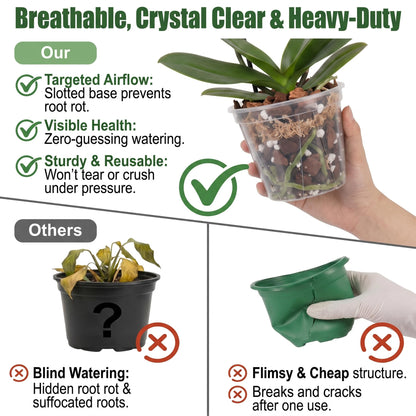 Olsury Clear Nursery Pots with Drainage: Stop Root Rot via Side-Bottom Vents & 1-Second Root Check - Heavy Duty Plastic Pots for Indoor Repotting, Orchids & Aroids (20 Pack with Saucers, 4-6 Inch)