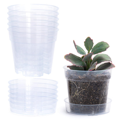 4 Inch Clear Plastic Plant Pot with Drainage Holes, Interlocking & Detachable Tray - Deep Saucer - Durable BPA-Free Plastic, Transparent Design, Raised Base for Airflow, Set of 6, 92-X-A-2