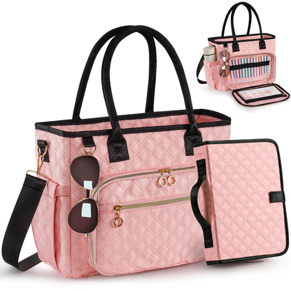 Large Bible Bag with Bible Cover Case for Women, Quilted Church Tote Bags for Bible Study Supplies, Christian Gifts for Women (Pink)