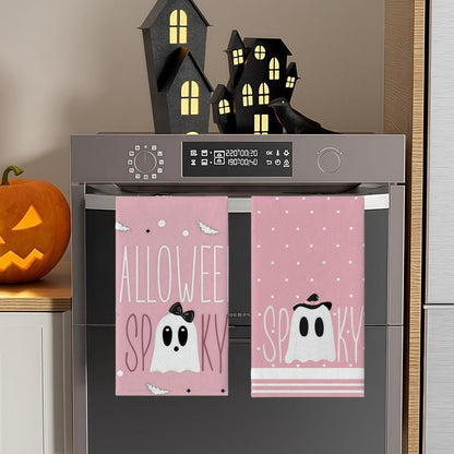 Cxtoweley Pink Ghost Decor Kitchen Towels Set of 2-18x26 Inch Halloween Dish Towels, Cute Spooky Polyester Towels for Bathroom & Farmhouse Decor