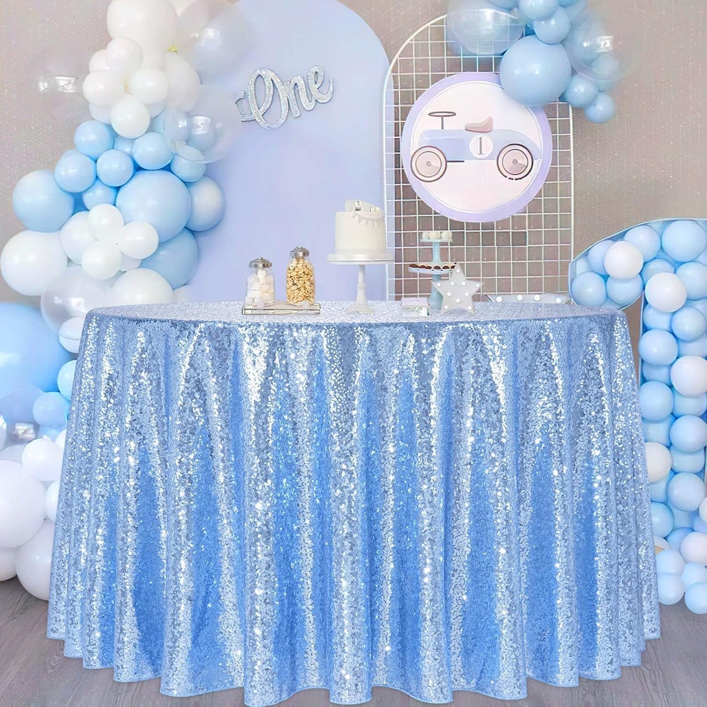 B-COOL Baby Blue Round Tablecloth - 90 Inch Sequin Tablecloth Party Table Covers for Wedding Banquet Dining Birthday Halloween Christmas Party Table Decoration