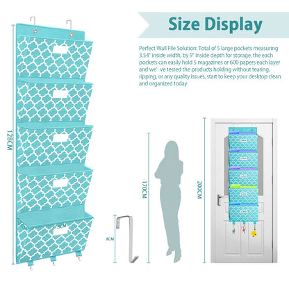 Over the Door File Organizer, Hanging File Folders, Wall Organizers and Storage for Mail, Magazine, Notebooks, Planners, Office, Classroom, 5 Extra Large Pockets, 50.39” Tall (Blue Lantern Pattern)