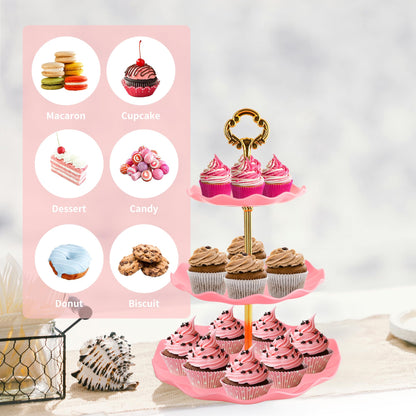 6 Pcs Cupcake Stand Set - Pink Plastic Dessert Table Display Set, 2X Pink Round 3 Tier Cupcake Display Stands Cookie Tray Rack Serving Tower & 4X 14 in Plastic Trays for Wedding Baby Shower Tea Party