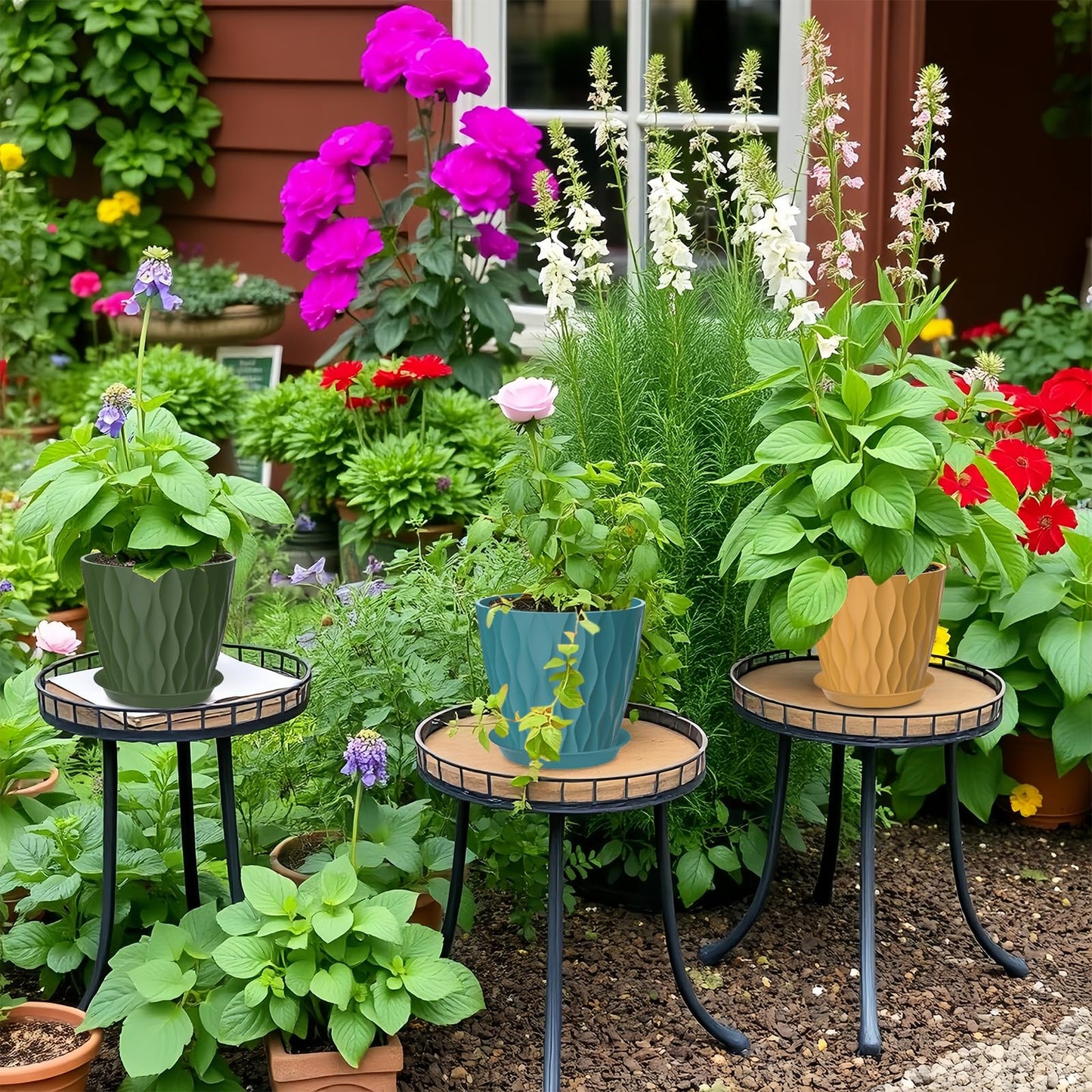zople 6 Pack 7 Inch Plant Pots with Drainage and Saucers, Multicolour Plastic Flower Pots for Indoor and Outdoor Plants, Stackable Nursery Planters for Houseplants and Herbs, Multicolour