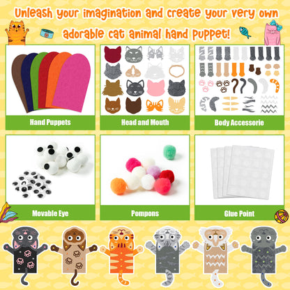 WATINC 6Pcs Hand Puppet Making Kit, Art Craft Felt Sock Puppet Toys, Creative DIY Make Your Own Pompoms Wiggle Googly Eyes Storytelling Role Play Party Supplies Gift for Girls Boys (Cat A)
