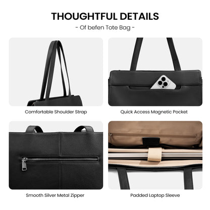 befen Genuine Leather Tote Bag for Women Work,Black Leather Tote Bag,Large Women's Zippered Shoulder Bags Purses Satchel Handbags with Top Handles Work Purse for Daily Travel