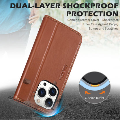 SHIELDON Case for iPhone 14 Pro 5G 2022, Genuine Leather Wallet Case with Kickstand RFID Blocking Card Holder Magnetic Shock Absorbing Cover Compatible with iPhone 14 Pro 6.1" - Retro Brown