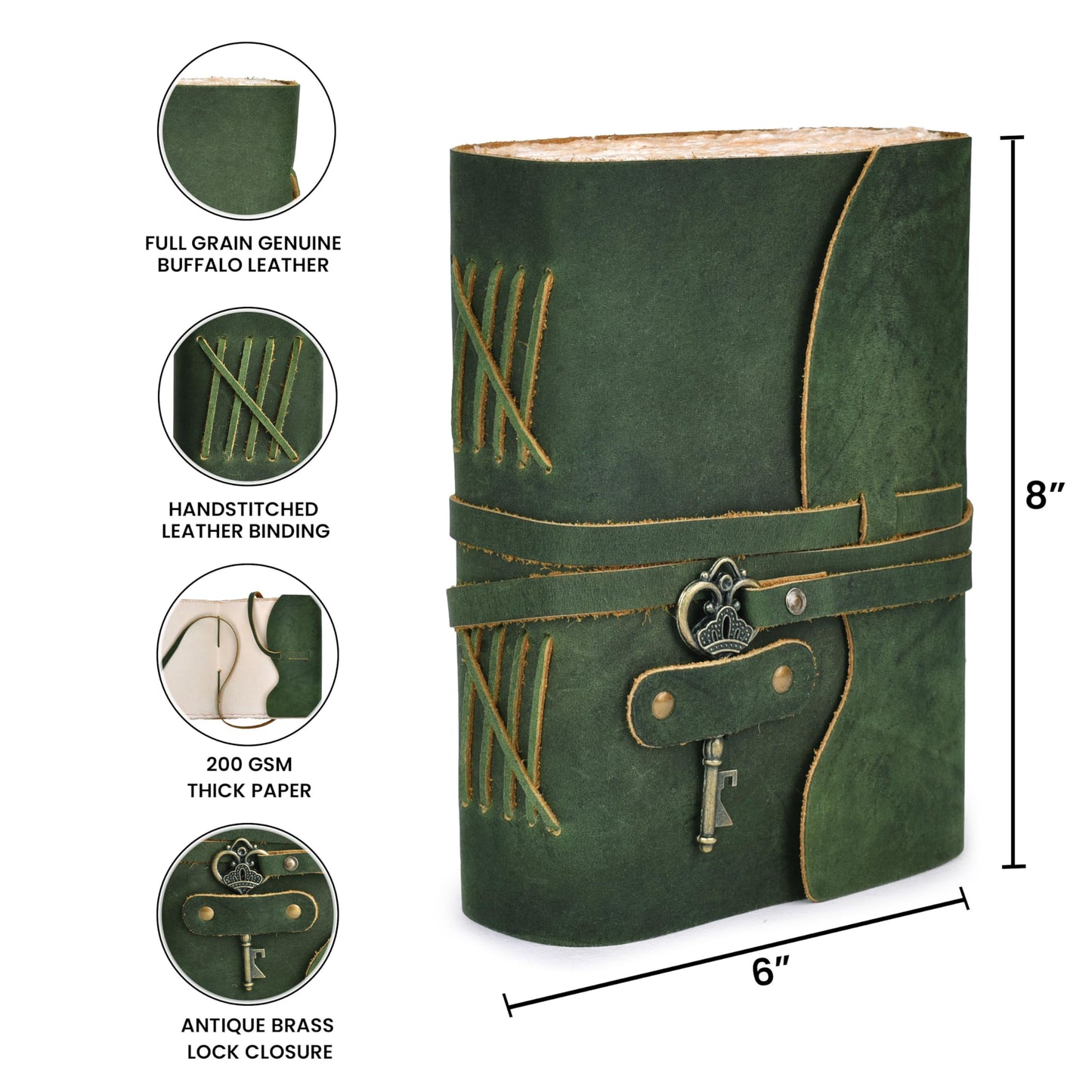 LEATHER VILLAGE Vintage Leather Journal – 200 Handmade Vintage Deckle Edge Paper – Leather bound Journal For Women Men – Vintage Key Closure - Book of Shadows - Green - 8X6 inches (A5)