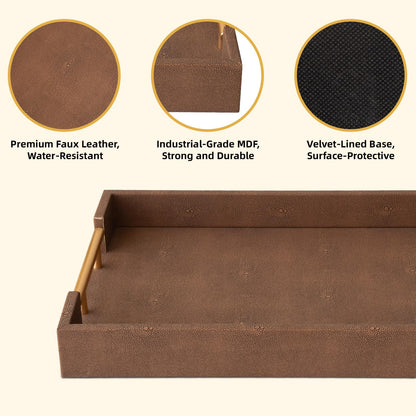 UPPER DECOR Set of 2 Decorative Tray Brown Shagreen Leather Tray, Modern Rectangle Serving Trays with Gold Polished Metal Handles, Ottoman Coffee Table Perfume Kitchen Trays Home Decor