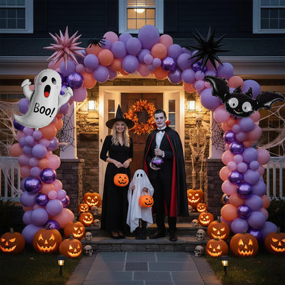 Pastel Halloween Birthday Balloon Garland arch Kit 130 Pcs Purple Pink Orange Balloons + Bat Ghost Mylar Balloons for Spooky Halloween Arch Booday Summerween birthday Party Decorations
