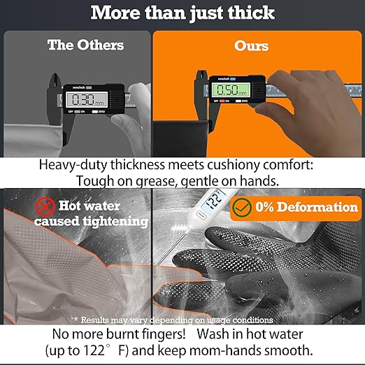 Heavy-Duty Thick Black Rubber Cleaning Gloves, 1 Pair, M | Reusable & waterproof black/orange dual layers. Non-slip design for dishwashing, kitchen cleaning, and auto care.