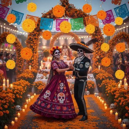 Trandraft 36 Pcs Marigold Flower Diwali Decorations Day of The Dead Dia De Los Muertos Marigold Flower Decorations Hanging Streams Swirls for Home Pooja Indian Varalakshmi Altar Ofrenda Decor