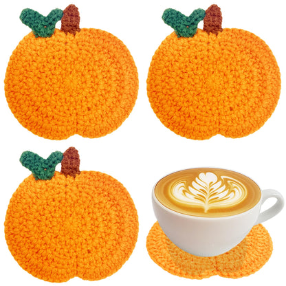 Fall Pumpkin Crochet Coaster 4 Pack, Fall Pumpkin Decor Handmade Knitted Drink Coaster Set, Autumn Decoration Drink Cup Pad Mats for Table Protection, Thanksgiving Home Kitchen Party Table Decor
