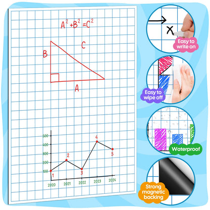 PraxiKidy Magnetic Graph Grid Paper,21.3" x 16.5" Dry Erase Chart Paper for Whiteboard Homeschool Essentials Teacher Must Haves,Math Classroom Teaching Supplies