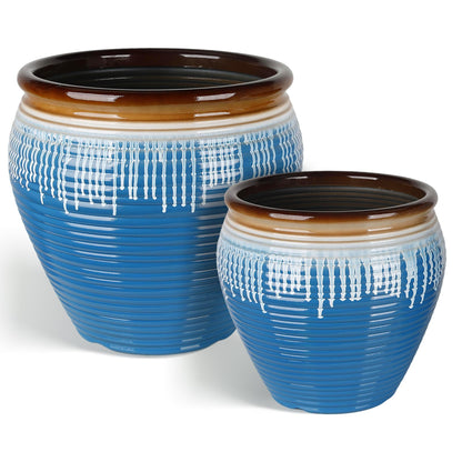 WORTH Clay-Pot-Style Plastic Planters Set of 2 (Large: 17"Dia x 16"H & Small: 13"Dia x 13"H), Blue-Glazed Plant Pot, Round Lightweight Flower Pots with Drainage Hole & Plug for Indoor & Outdoor Use