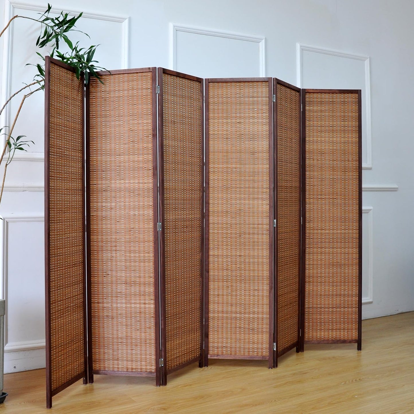 Furnnylane 6 Panel Bamboo Room Divider - 5.6 ft Tall Folding Privacy Screen for Room Separation, Natural Brown Freestanding Partition Wall for Home Office (67" H x 92.1" W)