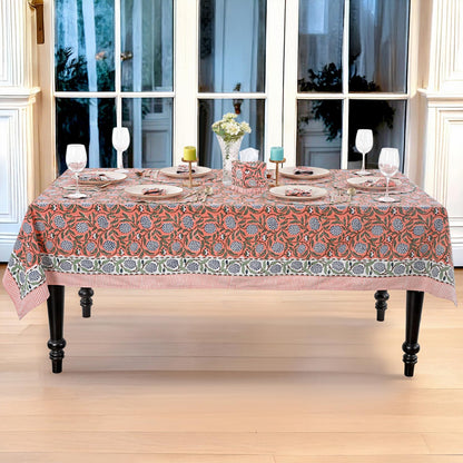 Ridhi Dark Salmon Pink Hand Block Print Cotton Rectangle Tablecloth 60" x 60" inches Reusable Table Cover Decorative Everyday Use for Dining Room, Farmhouse, Home Gift for Spring, Mother's Day