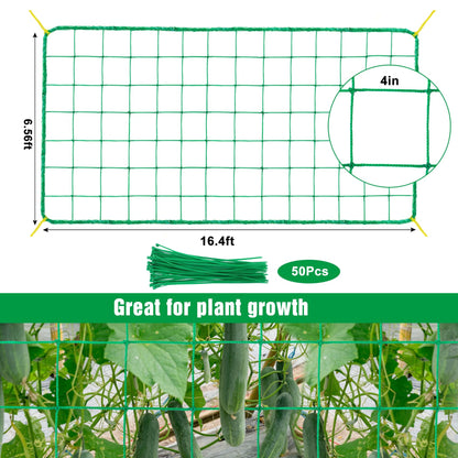 Unves Garden Trellis for Climbing Plants, 16.4 x 6.6 Ft Garden Trellis Heavy Duty Plant Net for Cucumber, Tomato, 27 Strands & 4x4 Inch Netting for Vegetables, Grapes, Bean