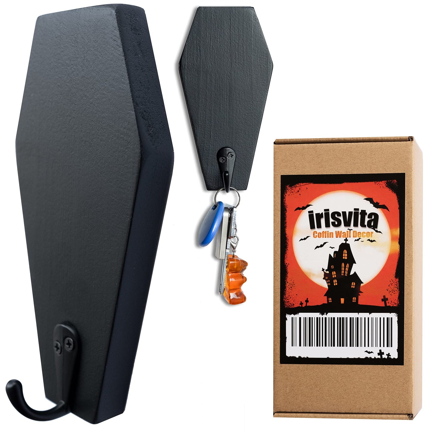 LITTLE IRIS IRISVITA Coffin Key Holder (Set of 2) - Spooky Gothic Decor for Wall, Rustic Black Hanging Wooden Hooks for Keys, Mugs - 5.5 Inches Tall by 2.75 Inches Wide (Small)