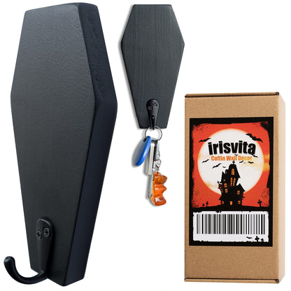 LITTLE IRIS IRISVITA Coffin Key Holder (Set of 2) - Spooky Gothic Decor for Wall, Rustic Black Hanging Wooden Hooks for Keys, Mugs - 5.5 Inches Tall by 2.75 Inches Wide (Small)