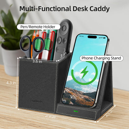 TopMade Wireless Charger with Pen Pencil Holder, Leather Mltifunctional Desk Nightstand Organizer, Fast Charging Station Remote Control Holder, Office Supplies Desk Accessories, Gifts for Men(Black)