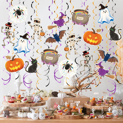 AimtoHome Halloween Hanging Party Decorations, 48 Pcs,Ceiling Decor Indoor Swirl Witches Cauldron Ghost Pumpkin Skull Cat Witch Party Supplies Sign,Black Purple Orange