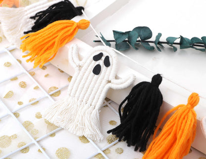 Halloween Ghosts Garland - Macrame Halloween Decor, Halloween Party Decor, Halloween Ghosts Hanging Decorations, Halloween Ghosts Tassel Banner Decor