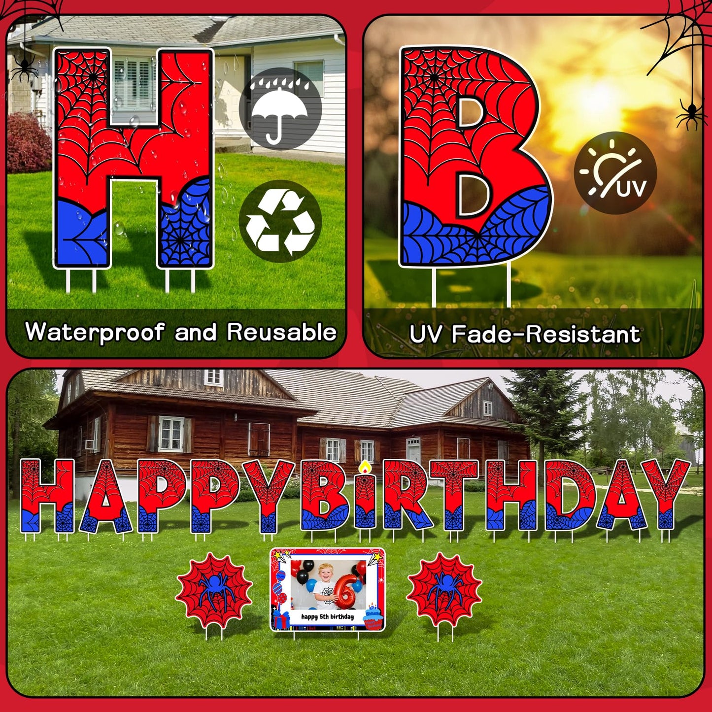 Aijoso Spider Happy Birthday Yard Signs with Stakes for Garden Outdoor Party Decorations