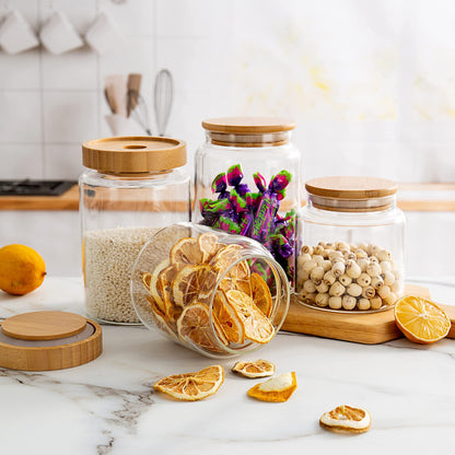MOLADRI 480 ml / 16 oz clear cute glass storage canister holder with airtight bamboo lid, modern decorative small container jar for coffee, spice, candy, salt, cookie, condiment, pepper, sugar